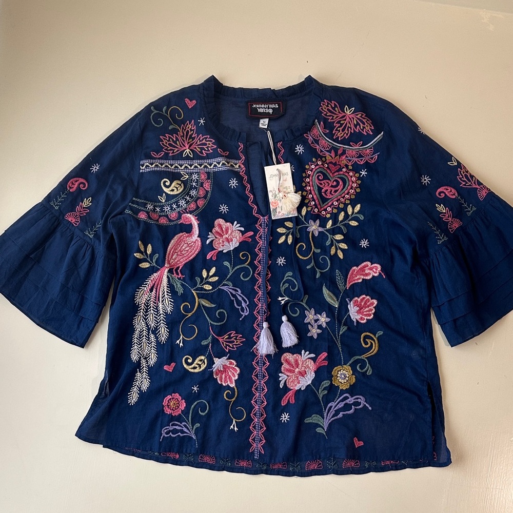 Johnny Was Blue Top with Colorful Embroidery
